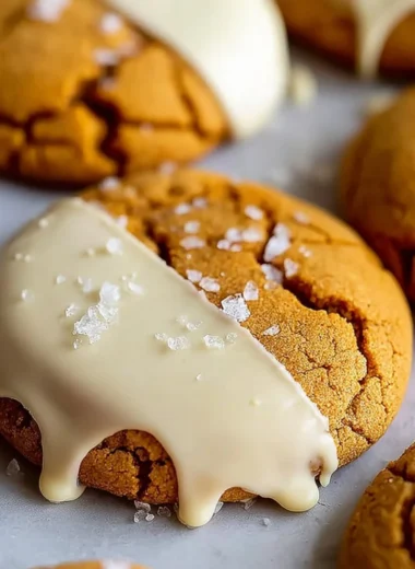 White chocolate dipped chewy maple cookies fresh from the oven