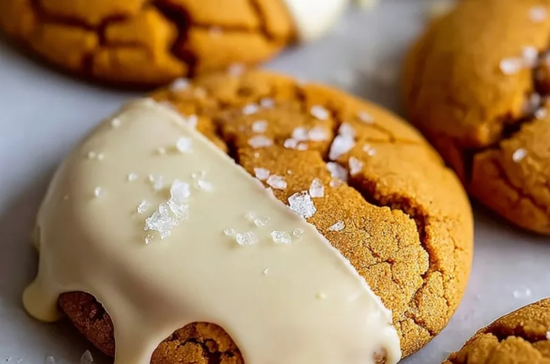 White chocolate dipped chewy maple cookies fresh from the oven