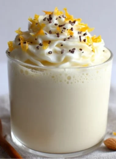 Delicious white chocolate orange almond cocoa drink topped with almond slivers.