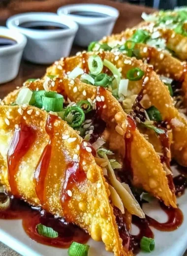 Plate of Chicken Wonton Tacos from Applebee's garnished with fresh ingredients