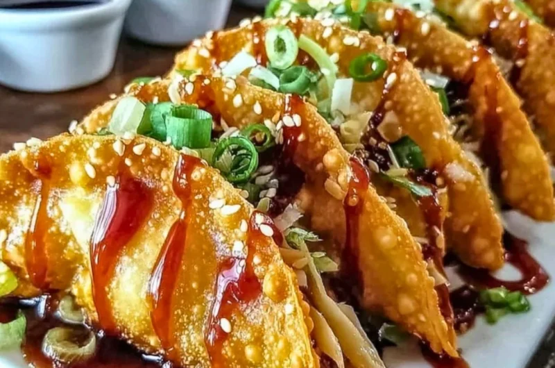 Plate of Chicken Wonton Tacos from Applebee's garnished with fresh ingredients