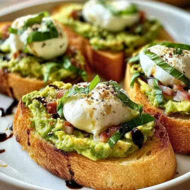 Avocado Burrata Bruschetta topped with fresh herbs and spices