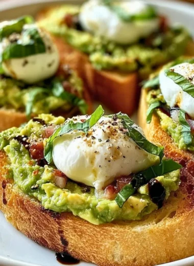 Avocado Burrata Bruschetta topped with fresh herbs and spices