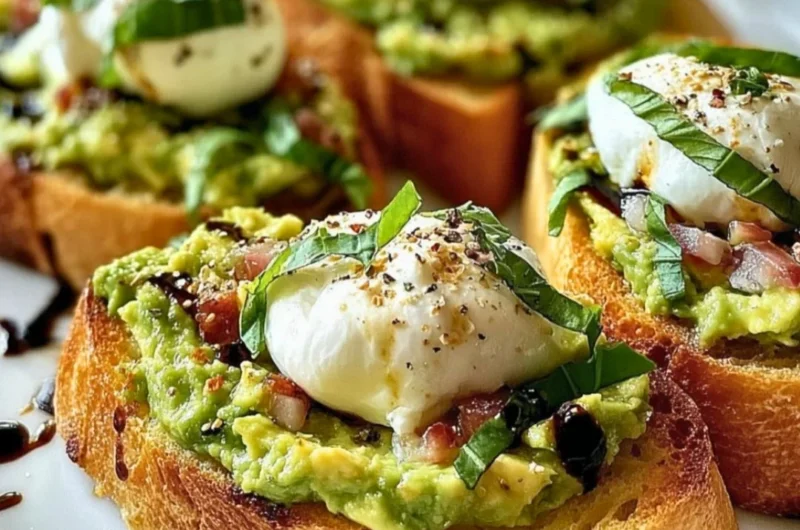 Avocado Burrata Bruschetta topped with fresh herbs and spices