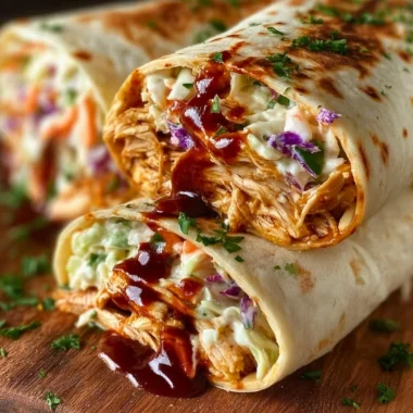 BBQ chicken wraps with coleslaw served on a wooden platter