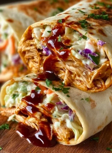 BBQ chicken wraps with coleslaw served on a wooden platter