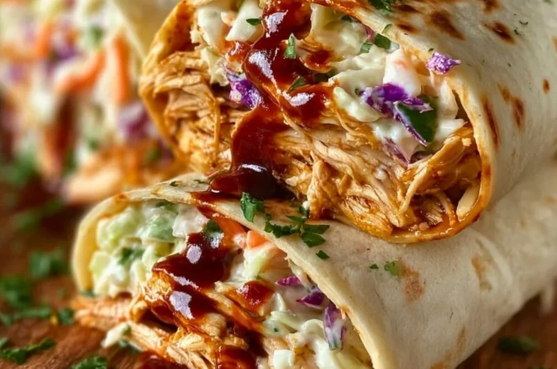 BBQ chicken wraps with coleslaw served on a wooden platter