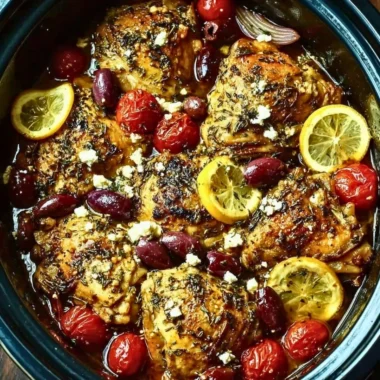 Delicious Crockpot Greek Chicken served with fresh vegetables and herbs.