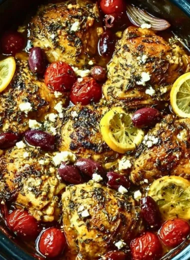 Delicious Crockpot Greek Chicken served with fresh vegetables and herbs.