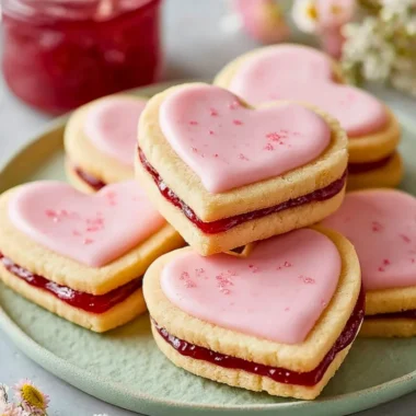 Heart-shaped strawberry shortbread cookies on a decorative plate