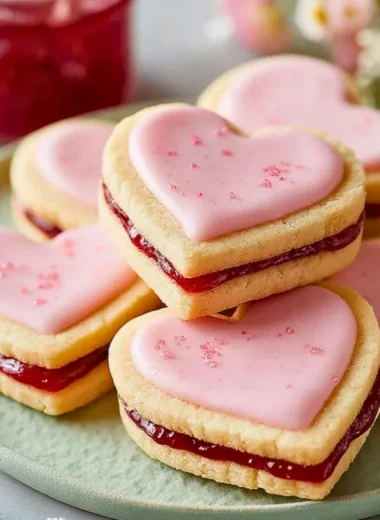 Heart-shaped strawberry shortbread cookies on a decorative plate