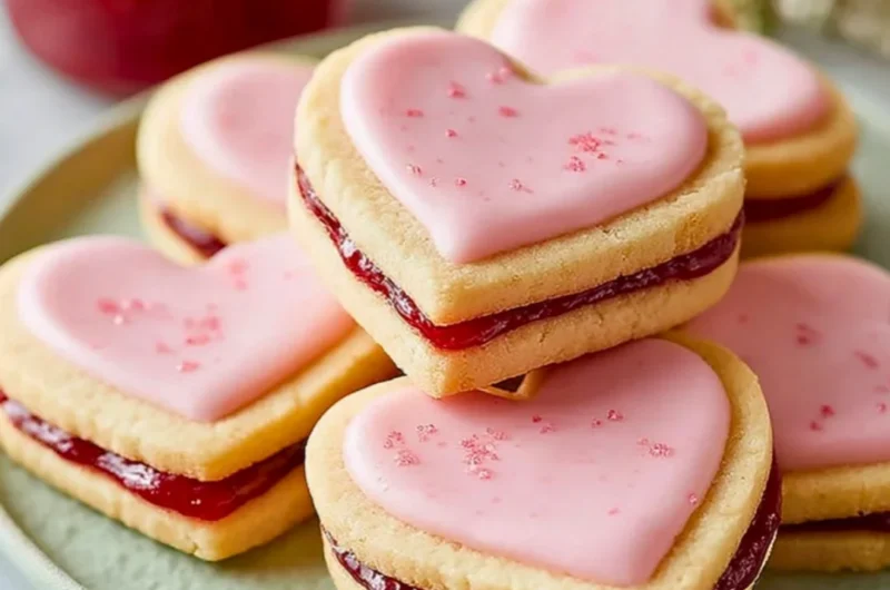 Heart-shaped strawberry shortbread cookies on a decorative plate