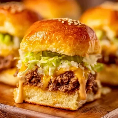 A plate of delicious Big Mac sliders with lettuce, cheese, and special sauce.