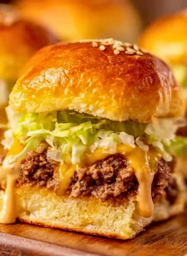 A plate of delicious Big Mac sliders with lettuce, cheese, and special sauce.