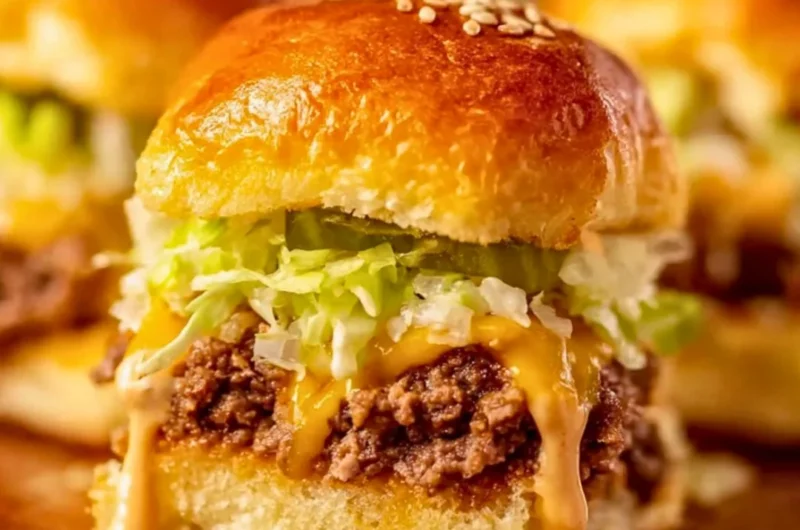 A plate of delicious Big Mac sliders with lettuce, cheese, and special sauce.