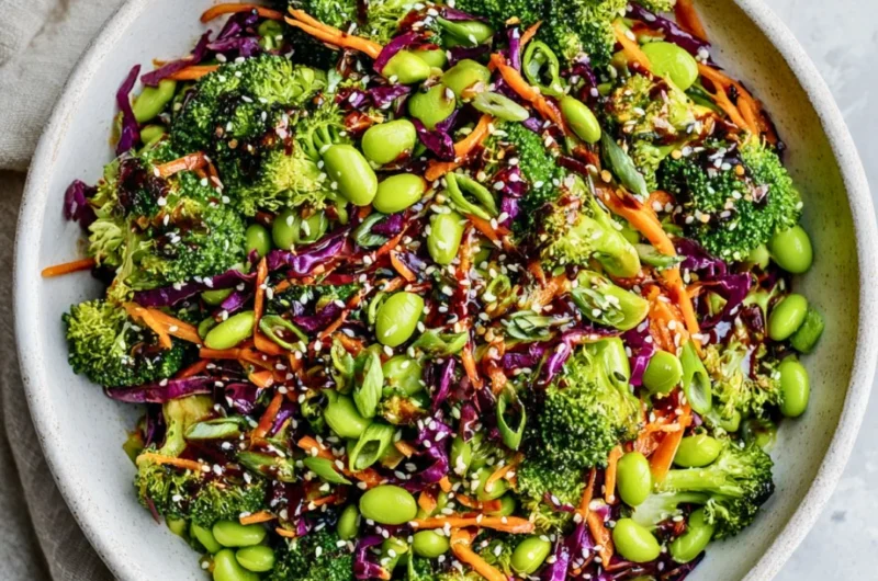 Fresh and colorful broccoli salad with nuts and dressing.