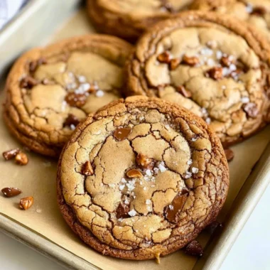 Brown butter coffee toffee cookies on a plate, drizzled with chocolate.