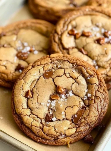 Brown butter coffee toffee cookies on a plate, drizzled with chocolate.