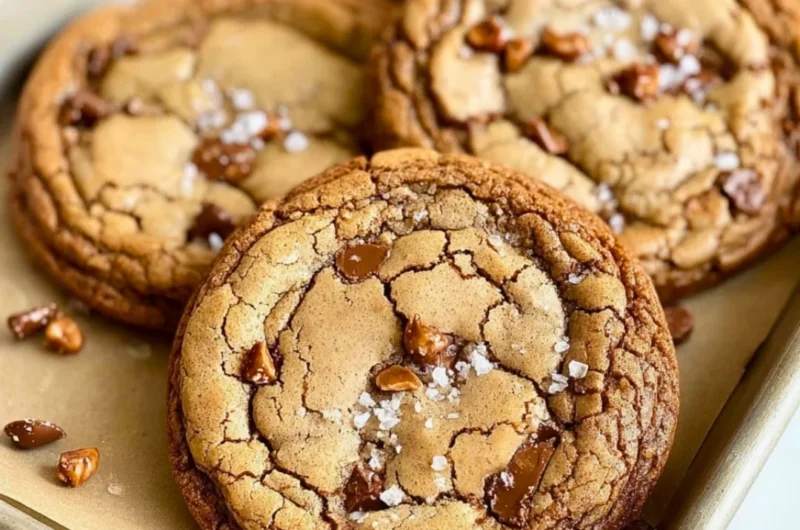 Brown butter coffee toffee cookies on a plate, drizzled with chocolate.