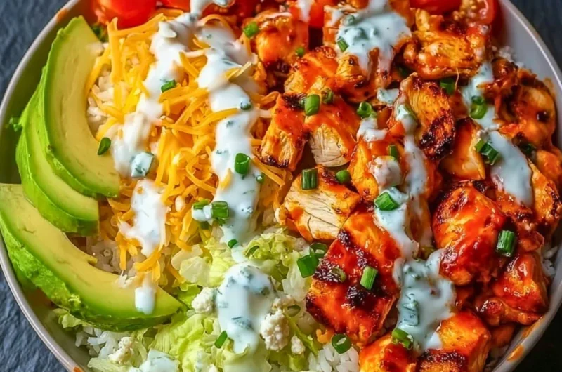 Delicious Buffalo Chicken Bowls with spicy chicken and fresh vegetables