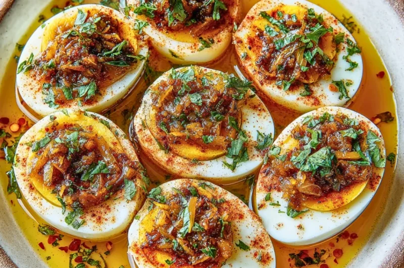Delicious Cajun Boiled Eggs with spicy garlic butter sauce for a keto snack