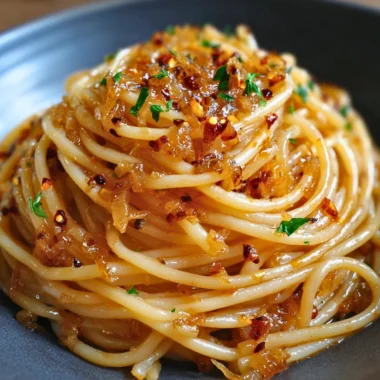 Plate of caramelized onion pasta drizzled with chili oil, garnished with herbs
