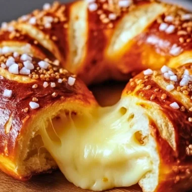Freshly baked cheese stuffed pretzel with melted cheese inside and golden crust