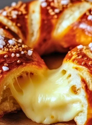 Freshly baked cheese stuffed pretzel with melted cheese inside and golden crust
