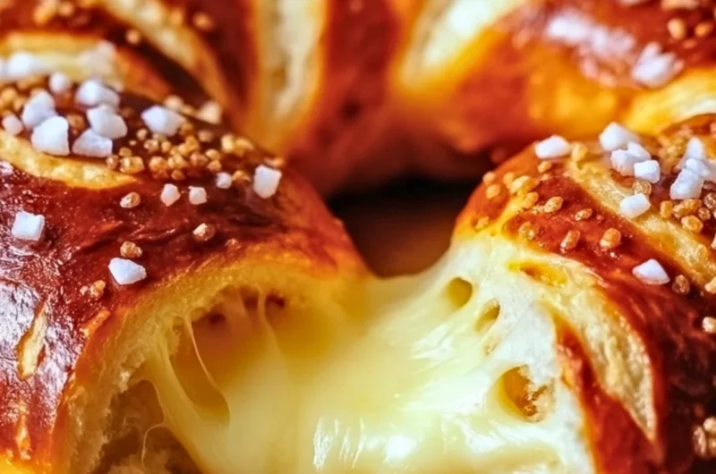 Freshly baked cheese stuffed pretzel with melted cheese inside and golden crust