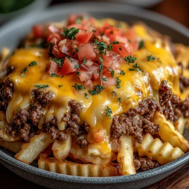 Cheeseburger Casserole with French fries, cheese, and ground beef baked to perfection.