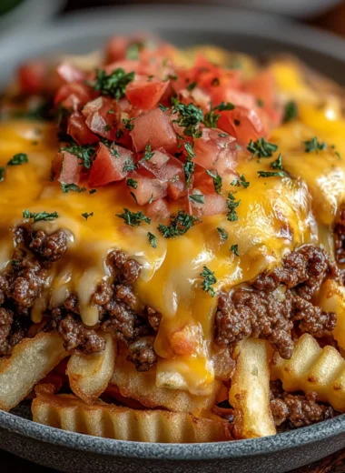 Cheeseburger Casserole with French fries, cheese, and ground beef baked to perfection.