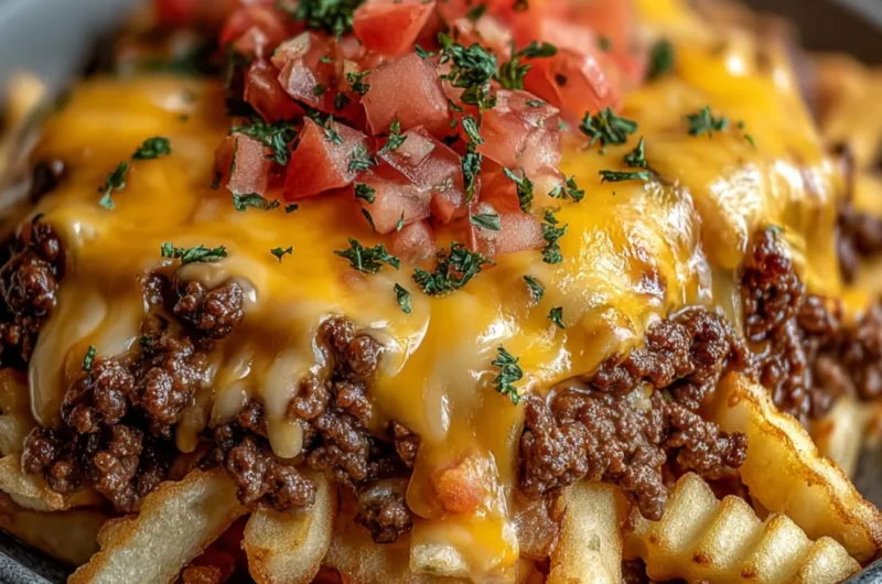 Cheeseburger Casserole with French fries, cheese, and ground beef baked to perfection.