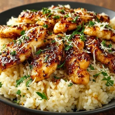 Chicken Scampi served over Garlic Parmesan Rice with herbs and spices