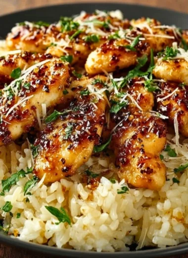 Chicken Scampi served over Garlic Parmesan Rice with herbs and spices