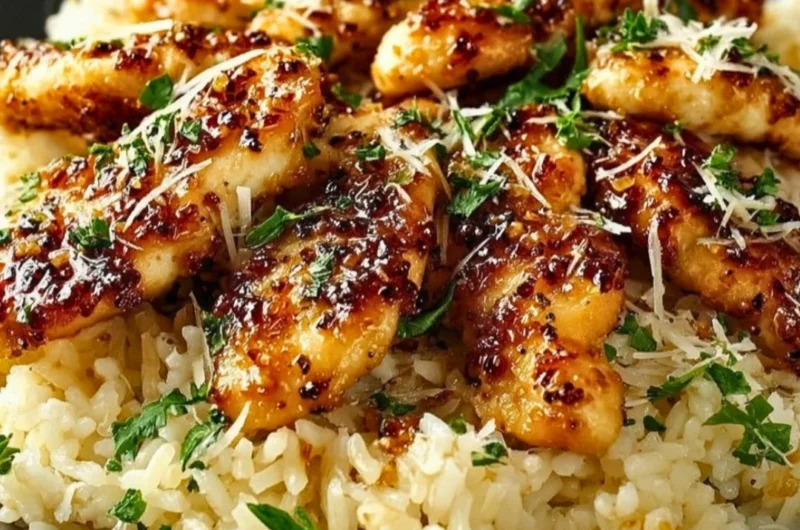 Chicken Scampi served over Garlic Parmesan Rice with herbs and spices