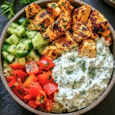 Chicken Tzatziki Bowls topped with fresh vegetables and creamy sauce