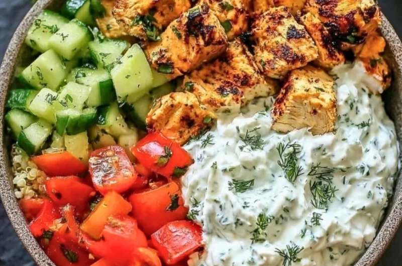 Chicken Tzatziki Bowls topped with fresh vegetables and creamy sauce