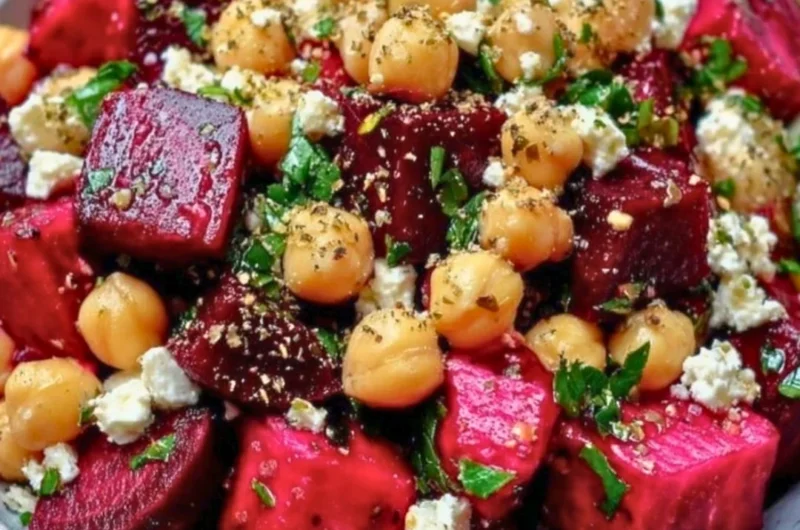 Chickpea salad with roasted beets and crumbled feta cheese on a plate