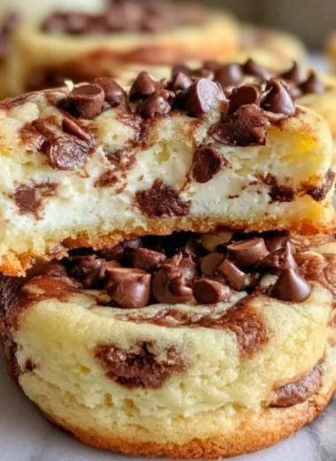 Chocolate chip cheesecake cookies stacked on a plate