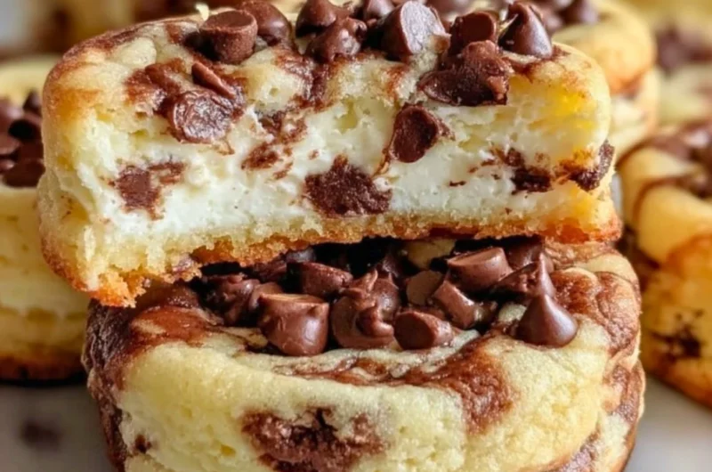 Chocolate chip cheesecake cookies stacked on a plate