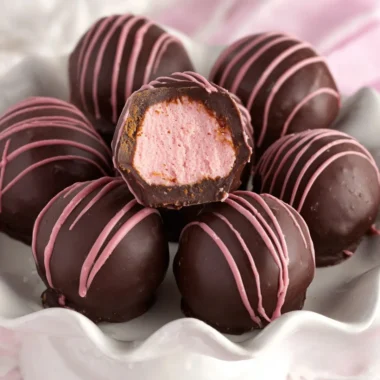 Decadent chocolate raspberry truffles topped with cocoa powder on a wooden background
