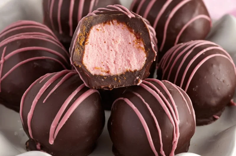 Decadent chocolate raspberry truffles topped with cocoa powder on a wooden background