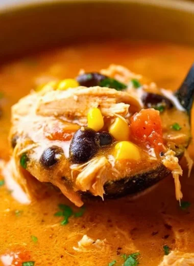 Bowl of classic chicken tortilla soup topped with crispy tortilla strips.