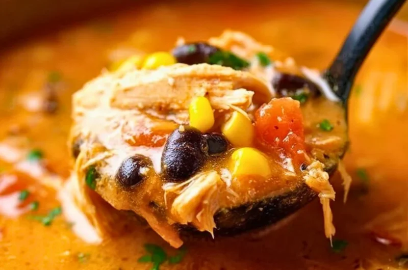 Bowl of classic chicken tortilla soup topped with crispy tortilla strips.