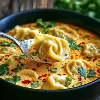 Bowl of comforting Thai Potsticker Soup with fresh herbs and dumplings