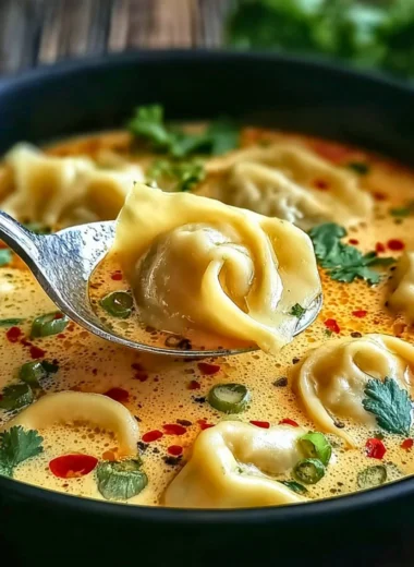 Bowl of comforting Thai Potsticker Soup with fresh herbs and dumplings
