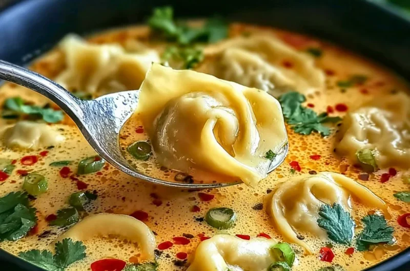 Bowl of comforting Thai Potsticker Soup with fresh herbs and dumplings