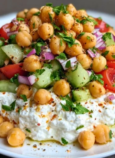 Colorful Cottage Cheese and Chickpeas Salad with fresh vegetables