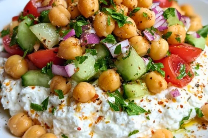 Colorful Cottage Cheese and Chickpeas Salad with fresh vegetables