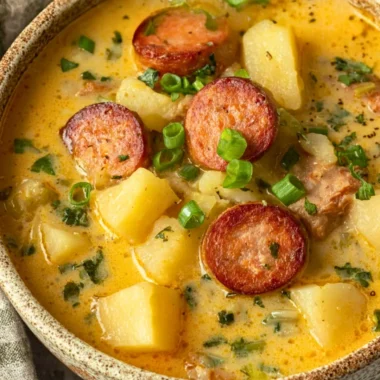 Cozy crockpot potato soup with sausage served in a bowl, garnished with herbs.